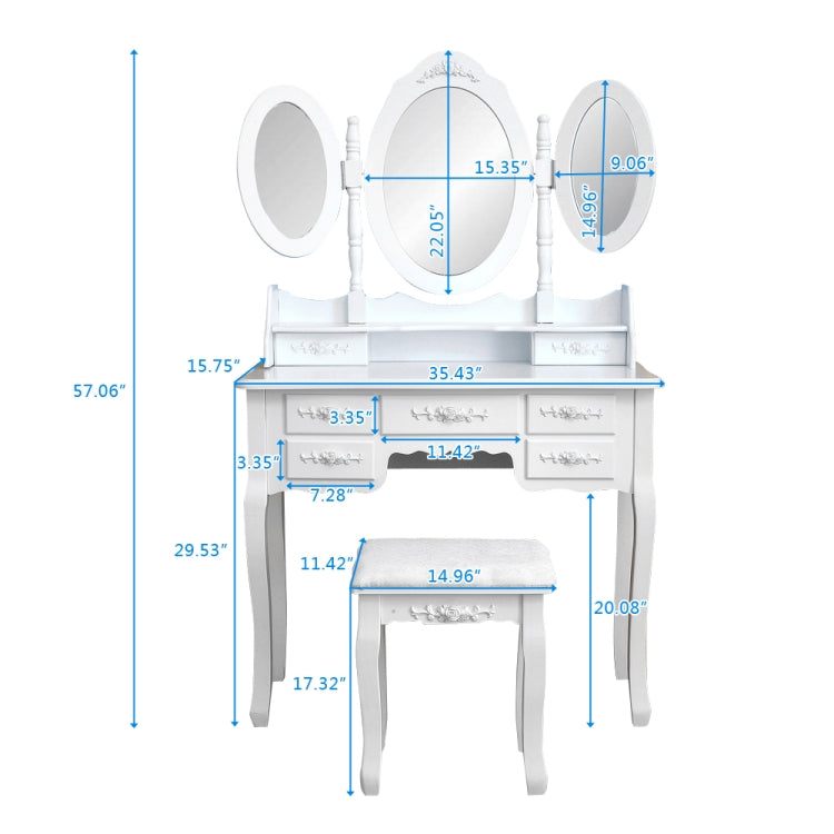 [UK Warehouse] Foldable 3 Mirrors Dressing Table with 7 Drawers, Size: 90 x 40 x 147cm