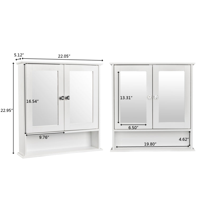 [US Warehouse] Double Door Mirror Indoor Bathroom Wall Mounted Cabinet Shelf, Size: 56 x 13 x 58cm(White)