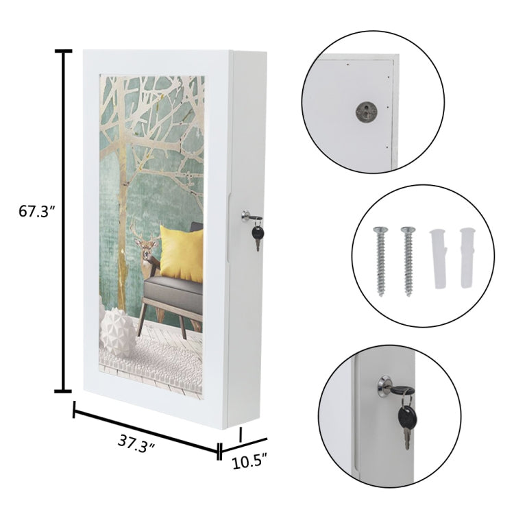 [US Warehouse] Wood Jewelry Cabinet Armoire with Mirror Wall-Mounted Storage Organizer, Size: 37.3 x 10.5 x 67.3cm(White)