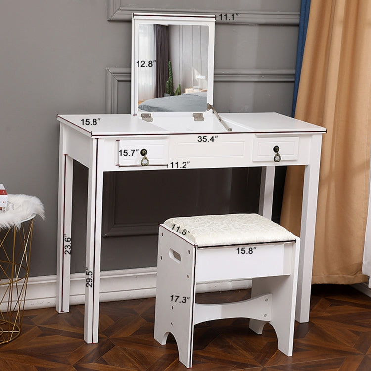 [UK Warehouse] Flip Single Mirror Double Drawers Straight Feet Dresser, Size: 90 x 40 x (75-112)cm(White)