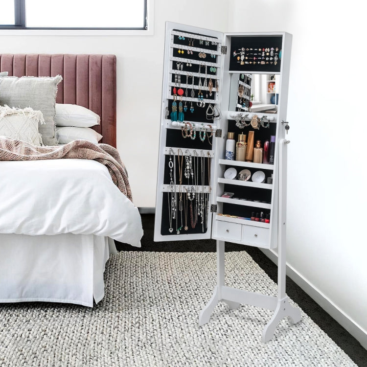 [US Warehouse] Full Mirror Wooden Floor Standing 4-Layer Shelf Jewelry Storage Adjustable Mirror Cabinet with 2 Drawer, Size: 153 x 40 x 47cm(White)