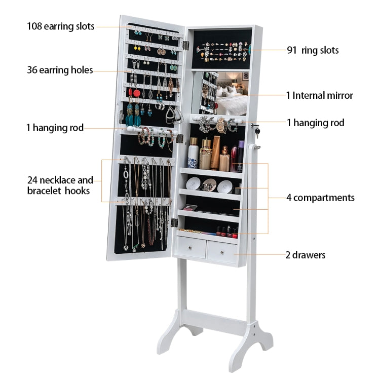 [US Warehouse] Full Mirror Wooden Floor Standing 4-Layer Shelf Jewelry Storage Adjustable Mirror Cabinet with 2 Drawer, Size: 153 x 40 x 47cm(White)