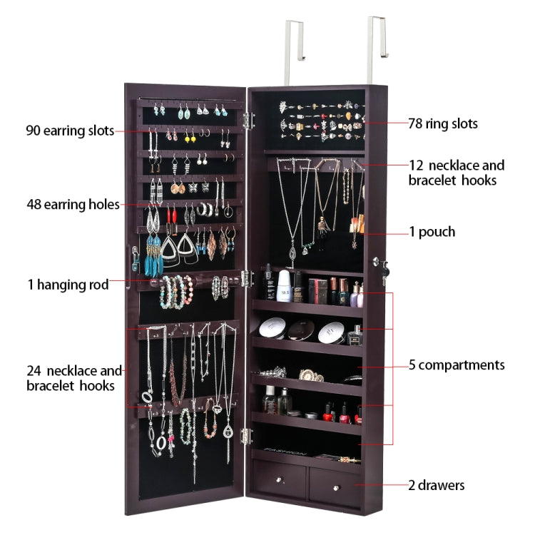 [US Warehouse] Full Mirror Wooden Wall Hanging 5-Layer Shelf 2 Drawer Jewelry Storage Mirror Cabinet, Size: 108 x 10 x 37cm(Brown)