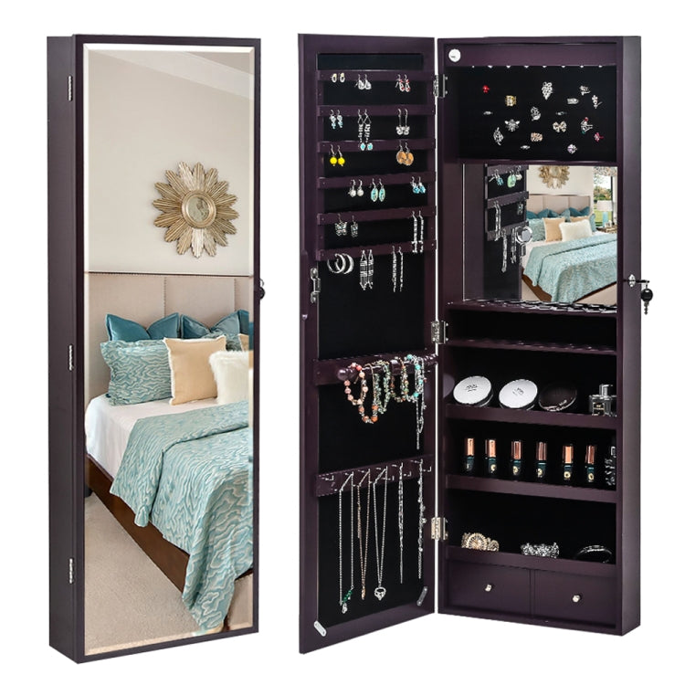 [US Warehouse] Full Mirror Wooden Wall Mounted 3-Layer Shelf Mirror Cabinet with LED Lights & Cosmetic Brush Holders, Size: 37 x 11 x 108cm(Brown)