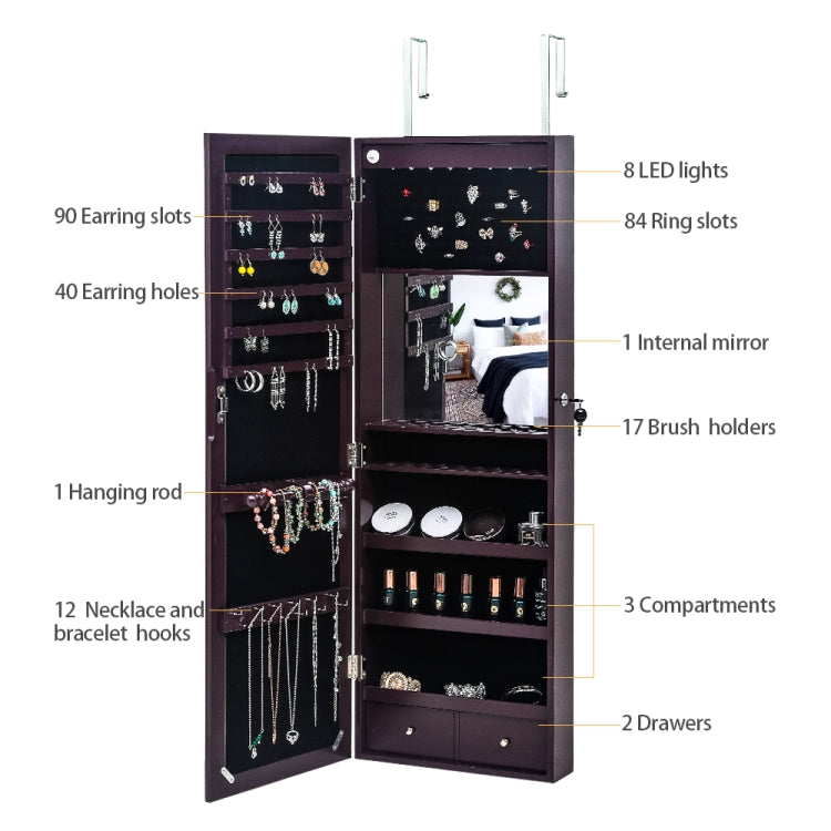 [US Warehouse] Full Mirror Wooden Wall Mounted 3-Layer Shelf Mirror Cabinet with LED Lights & Cosmetic Brush Holders, Size: 37 x 11 x 108cm(Brown)