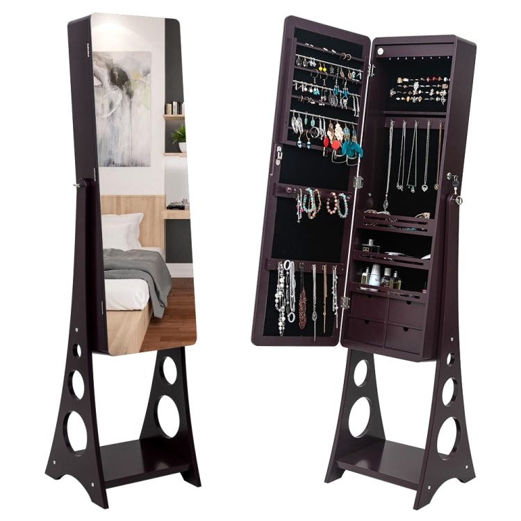 [US Warehouse] Full Mirror Wooden Floor Standing 3-Layer Shelf 4 Drawers Jewelry Storage Adjustable Arc Mirror Cabinet with LED Lights, Size: 37.08 x 12.70 x 107.95cm(Brown)