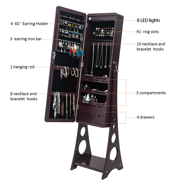[US Warehouse] Full Mirror Wooden Floor Standing 3-Layer Shelf 4 Drawers Jewelry Storage Adjustable Arc Mirror Cabinet with LED Lights, Size: 37.08 x 12.70 x 107.95cm(Brown)