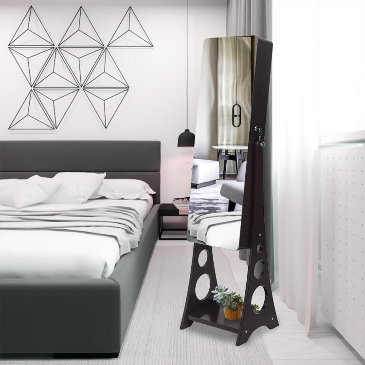 [US Warehouse] Full Mirror Wooden Floor Standing 3-Layer Shelf 4 Drawers Jewelry Storage Adjustable Arc Mirror Cabinet with LED Lights, Size: 37.08 x 12.70 x 107.95cm(Brown)