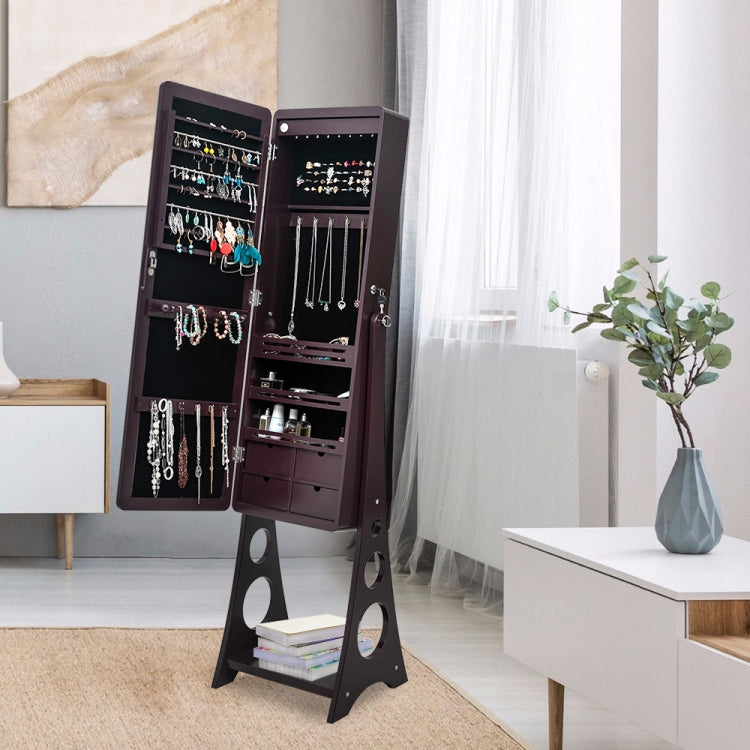 [US Warehouse] Full Mirror Wooden Floor Standing 3-Layer Shelf 4 Drawers Jewelry Storage Adjustable Arc Mirror Cabinet with LED Lights, Size: 37.08 x 12.70 x 107.95cm(Brown)