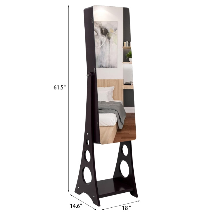 [US Warehouse] Full Mirror Wooden Floor Standing 3-Layer Shelf 4 Drawers Jewelry Storage Adjustable Arc Mirror Cabinet with LED Lights, Size: 37.08 x 12.70 x 107.95cm(Brown)