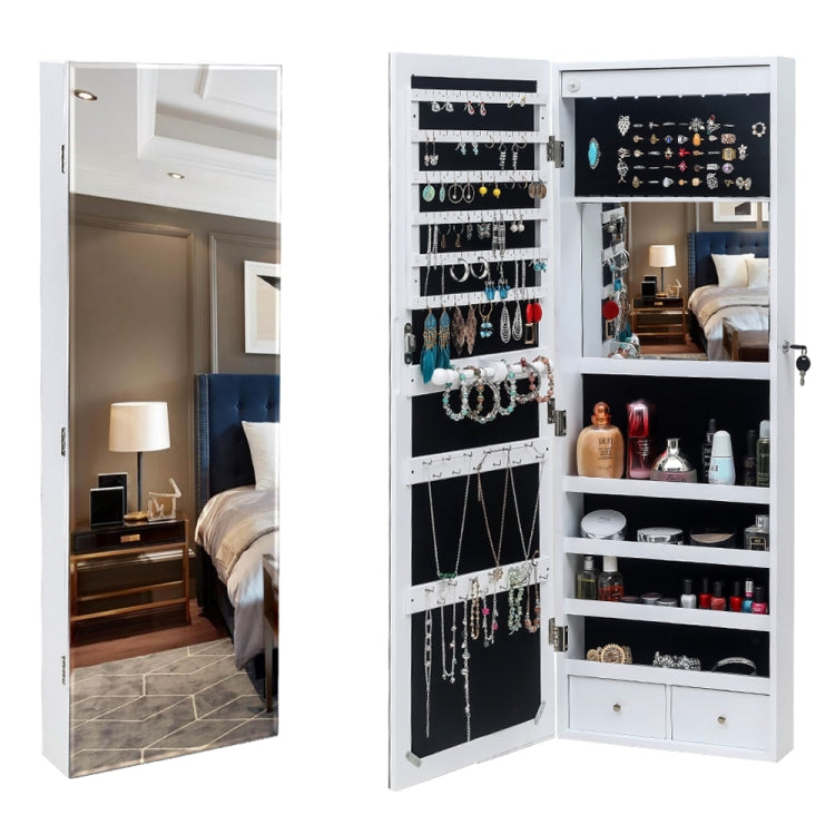 [US Warehouse] Full Mirror Wooden Wall Mounted 4-Layer Shelf 2 Drawers Jewelry Storage Mirror Cabinet with LED Lights, Size: 37 x 9.5 x 108cm(White)
