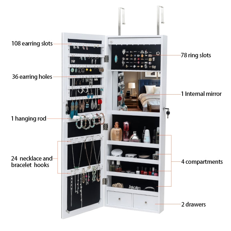 [US Warehouse] Full Mirror Wooden Wall Mounted 4-Layer Shelf 2 Drawers Jewelry Storage Mirror Cabinet with LED Lights, Size: 37 x 9.5 x 108cm(White)
