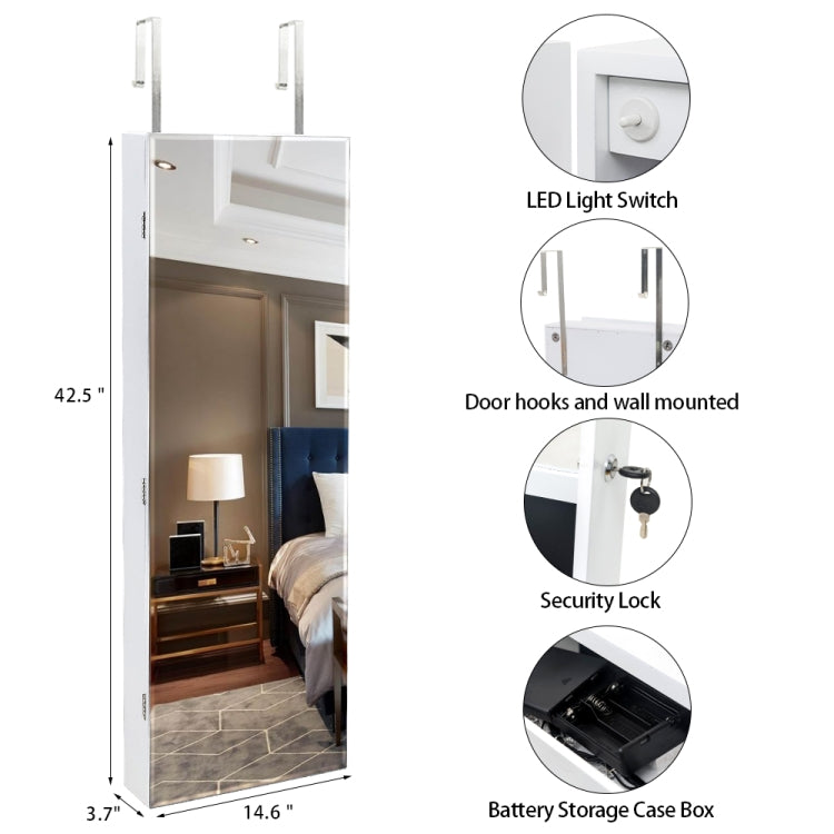 [US Warehouse] Full Mirror Wooden Wall Mounted 4-Layer Shelf 2 Drawers Jewelry Storage Mirror Cabinet with LED Lights, Size: 37 x 9.5 x 108cm(White)