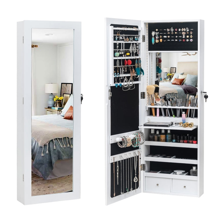 [US Warehouse] Non Full Mirror Wooden Wall Hanging 3-Layer Shelf 2 Drawers Jewelry Storage Mirror Cabinet with Cosmetic Brush Holders & LED Lights, Size: 36.5 x 9.5 x 108cm(White)