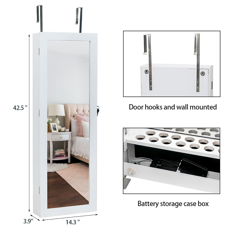 [US Warehouse] Non Full Mirror Wooden Wall Hanging 3-Layer Shelf 2 Drawers Jewelry Storage Mirror Cabinet with Cosmetic Brush Holders & LED Lights, Size: 36.5 x 9.5 x 108cm(White)