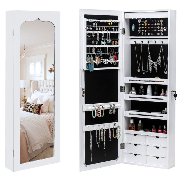 [US Warehouse] Non Full Mirror Wooden Wall Mounted 4-Layer Shelf 6 Drawers Jewelry Storage Mirror Cabinet with LED Lights, Size: 36.5 x 12.3 x 108cm(White)