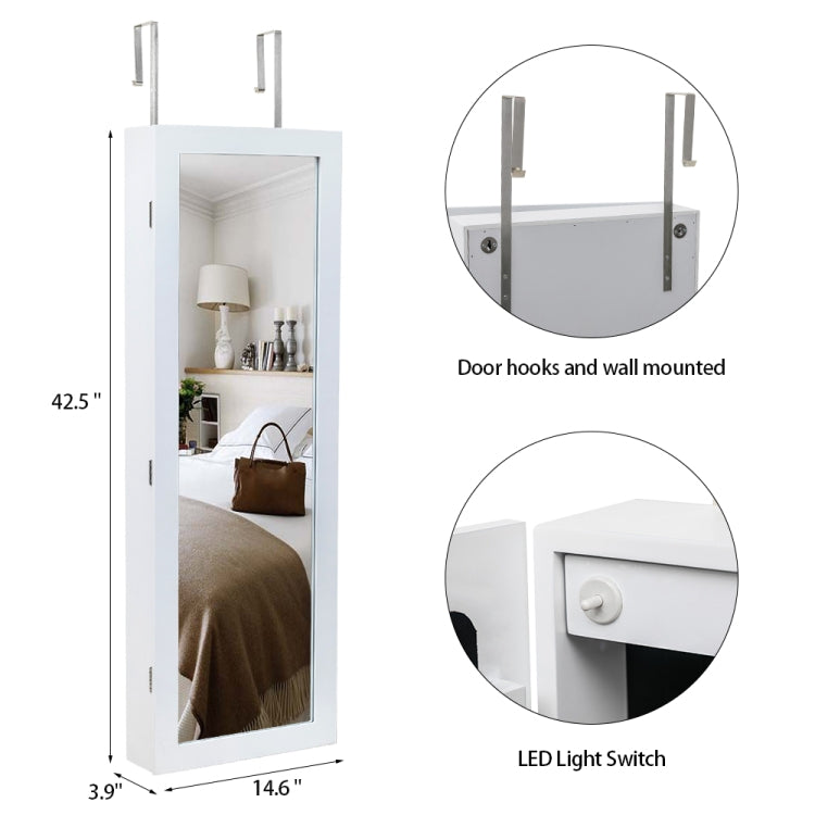 [US Warehouse] Non Full Mirror Wooden Wall Mounted 4-Layer Shelf 2 Drawers Jewelry Storage Mirror Cabinet with LED Lights, Size: 37 x 10 x 108cm(White)