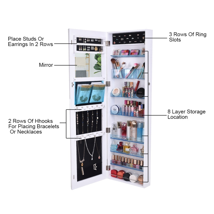 [US Warehouse] Full Mirror Makeup Mirror 8-layer Acrylic Storage Cabinet Solid Wood Covered Jewelry Mirror Cabinet, Size: 120 x 37 x 10cm(White)