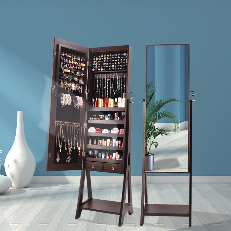 [US Warehouse] Full Mirror Makeup Jewelry Mirror Cabinet 2 Drawers 5 Layers Solid Wood Pattern Storage Cabinet with LED Lights, Size: 41 x 37 x 148cm(Brown)