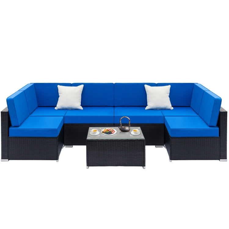 [US Warehouse] 7 in 1 Weaving Rattan Sofa Set(Black Blue)
