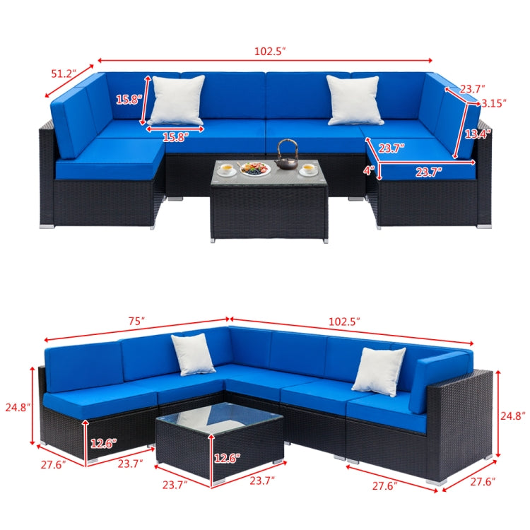 [US Warehouse] 7 in 1 Weaving Rattan Sofa Set(Black Blue)