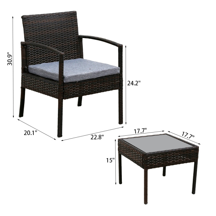 [US Warehouse] 3 in 1 Outdoor Patio Furniture Set Rattan 2 Chairs + Coffee Table Set (Brown)