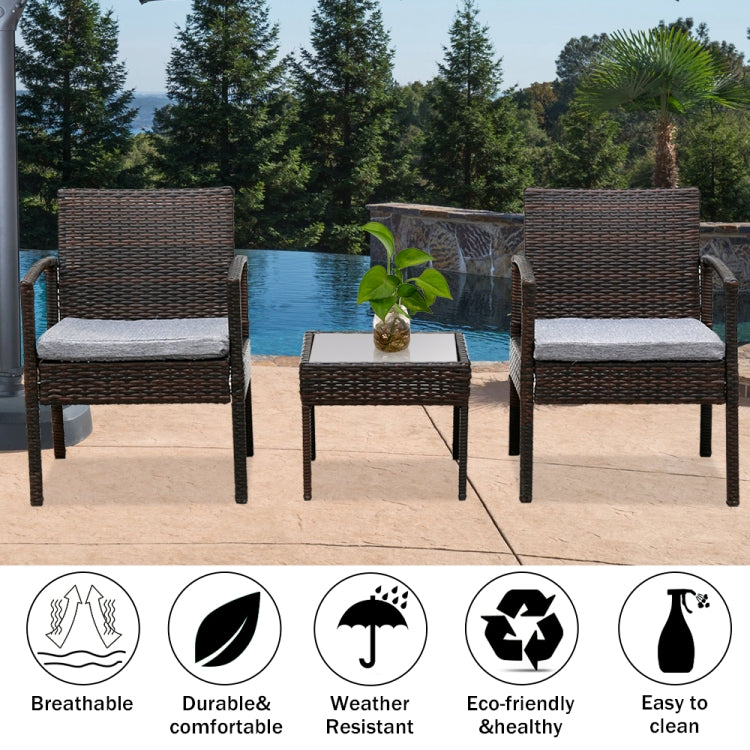 [US Warehouse] 3 in 1 Outdoor Patio Furniture Set Rattan 2 Chairs + Coffee Table Set (Brown)