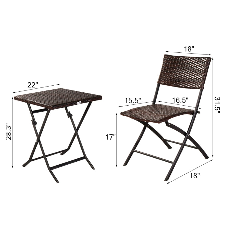 [US Warehouse] 3 in 1 Folding Rattan 2 Chairs + Square Table Set (Brown)