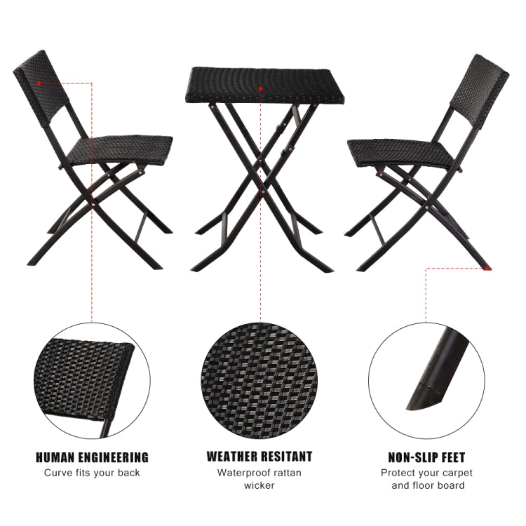 [US Warehouse] 3 in 1 Folding Rattan 2 Chairs + Square Table Set (Black)