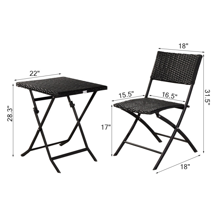 [US Warehouse] 3 in 1 Folding Rattan 2 Chairs + Square Table Set (Black)