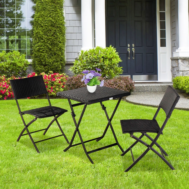 [US Warehouse] 3 in 1 Folding Rattan 2 Chairs + Square Table Set (Black)