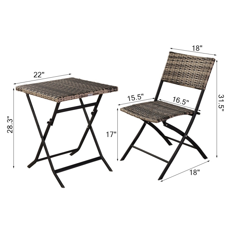 [US Warehouse] 3 in 1 Folding Rattan 2 Chairs + Square Table Set (Grey)