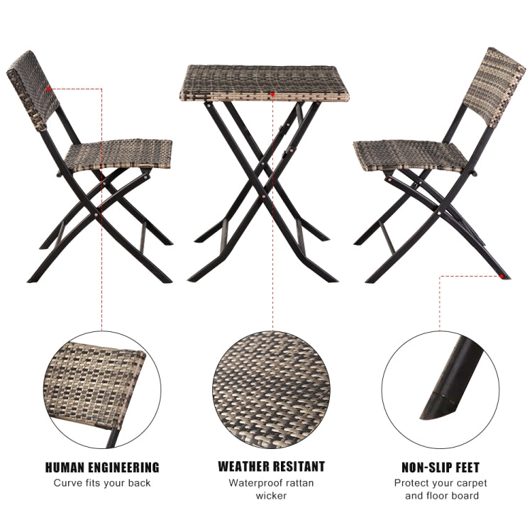[US Warehouse] 3 in 1 Folding Rattan 2 Chairs + Square Table Set (Grey)