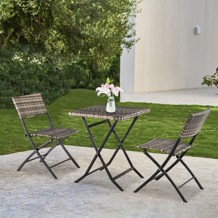 [US Warehouse] 3 in 1 Folding Rattan 2 Chairs + Square Table Set (Grey)