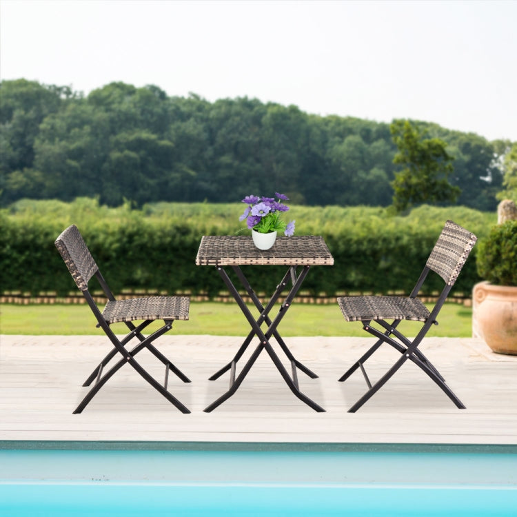 [US Warehouse] 3 in 1 Folding Rattan 2 Chairs + Square Table Set (Grey)