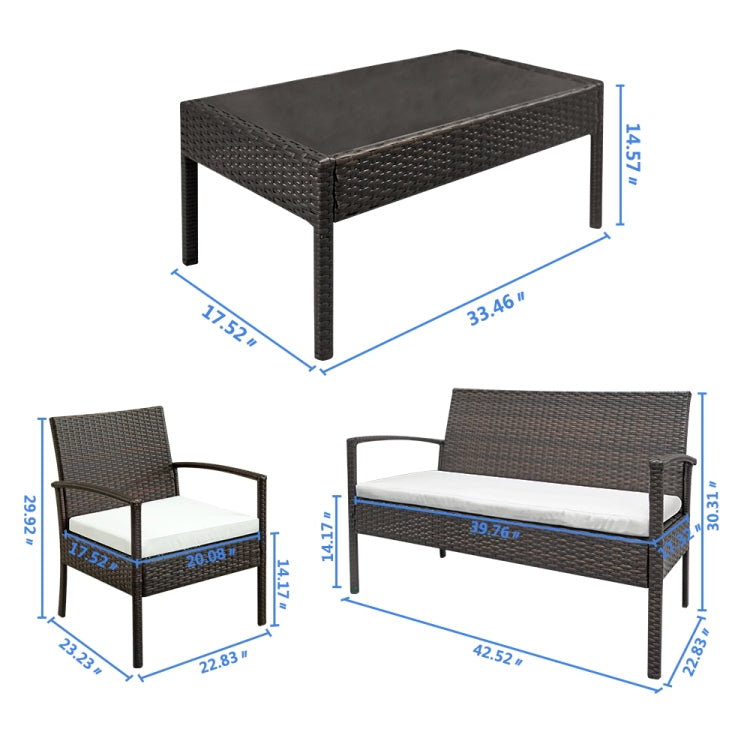 [US Warehouse] 4 in 1 Arm Love Seat + 2 Single Chairs + Coffee Table Rattan Sofa Set(Brown)