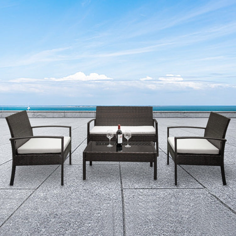 [US Warehouse] 4 in 1 Arm Love Seat + 2 Single Chairs + Coffee Table Rattan Sofa Set(Brown)