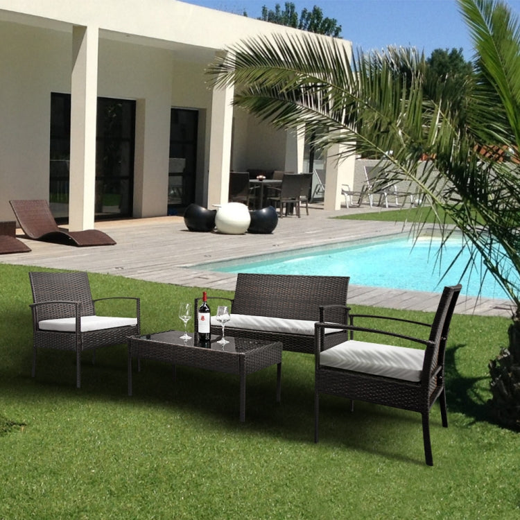[US Warehouse] 4 in 1 Arm Love Seat + 2 Single Chairs + Coffee Table Rattan Sofa Set(Brown)
