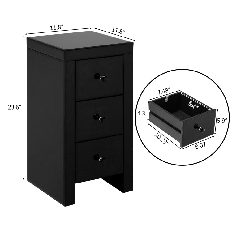 [US Warehouse] Mirrored Glass Bedside Table with Three Drawers, Size: 30 x 30 x 60cm(Black)