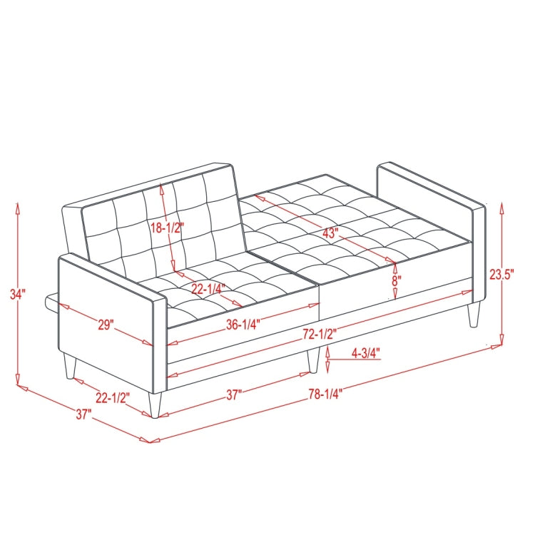 [US Warehouse] Modern Square Arms Velvet Upholstered Sofa Bed, Size: 198 x 81 x 83cm (Grey)