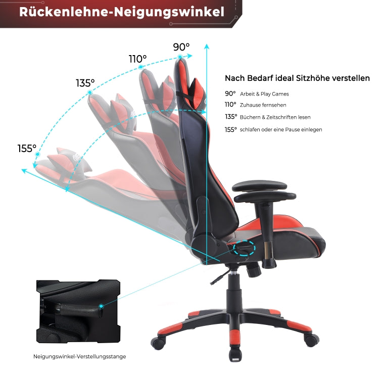 [EU Warehouse] Gaming Chairs Height-adjustable Computer Chairs with High Backrest & Rocker Function, Seat Size: 50 x 33cm, Height: 128.5-138.5cm (Red)