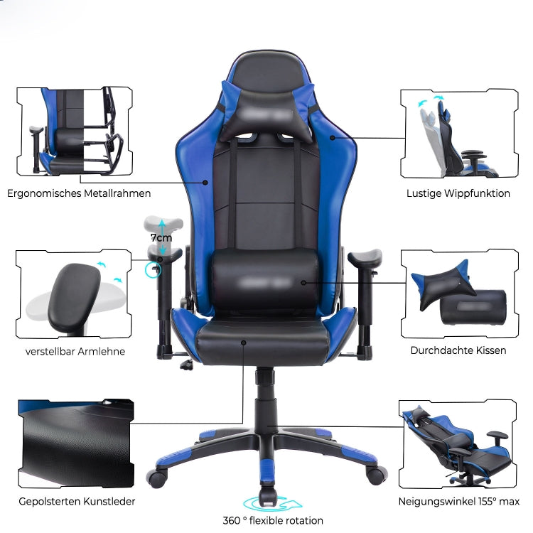 [EU Warehouse] Gaming Chairs Height-adjustable Computer Chairs with High Backrest & Rocker Function, Seat Size: 50 x 33cm, Height: 128.5-138.5cm(Blue)