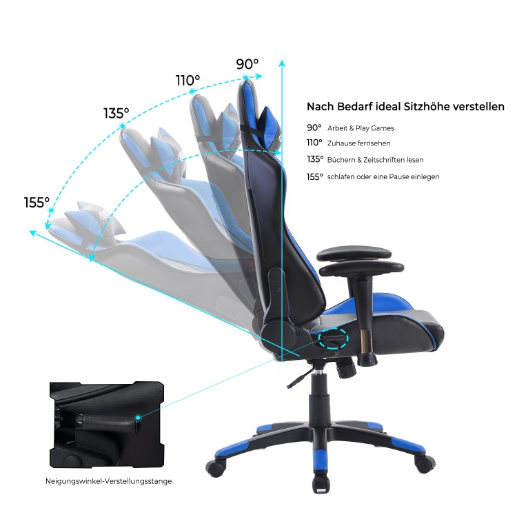 [EU Warehouse] Gaming Chairs Height-adjustable Computer Chairs with High Backrest & Rocker Function, Seat Size: 50 x 33cm, Height: 128.5-138.5cm(Blue)