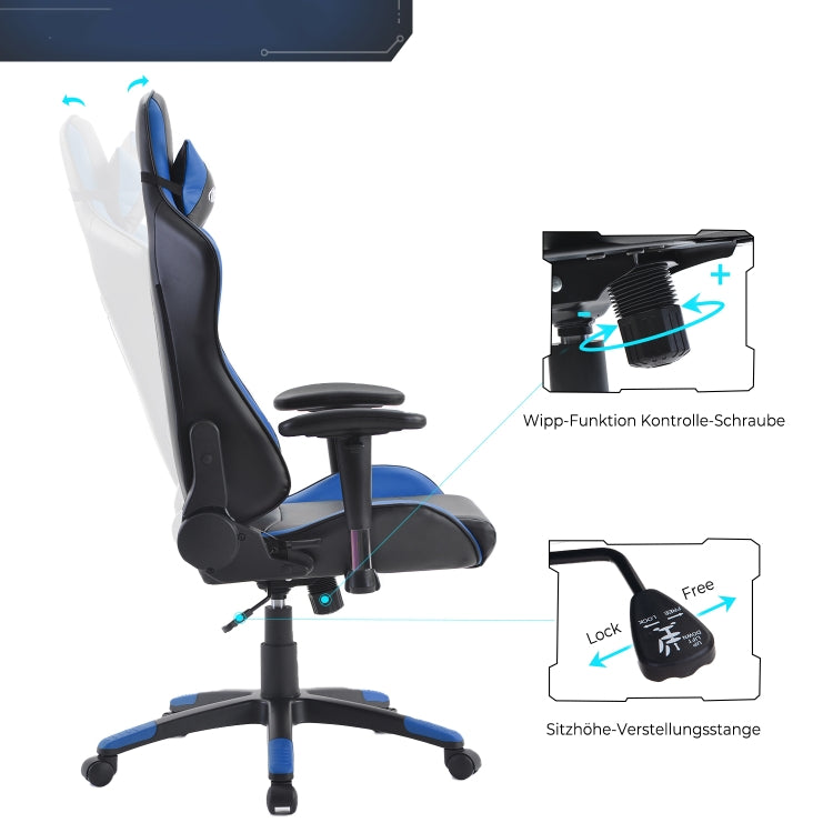 [EU Warehouse] Gaming Chairs Height-adjustable Computer Chairs with High Backrest & Rocker Function, Seat Size: 50 x 33cm, Height: 128.5-138.5cm(Blue)