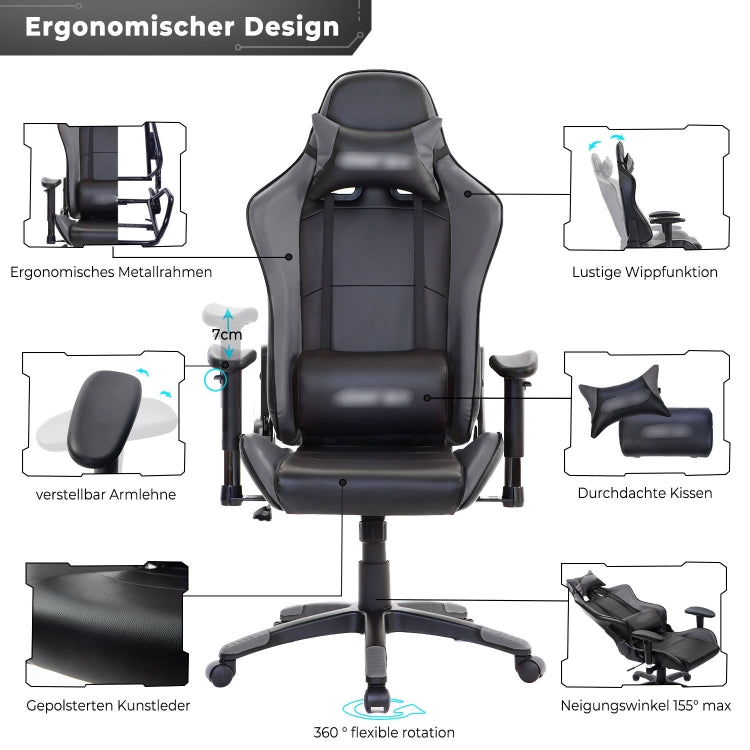 [EU Warehouse] Gaming Chairs Height-adjustable Computer Chairs with High Backrest & Rocker Function, Seat Size: 50 x 33cm, Height: 128.5-138.5cm(Grey)
