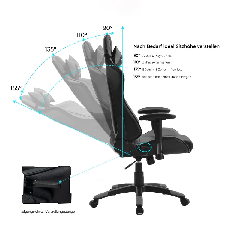 [EU Warehouse] Gaming Chairs Height-adjustable Computer Chairs with High Backrest & Rocker Function, Seat Size: 50 x 33cm, Height: 128.5-138.5cm(Grey)
