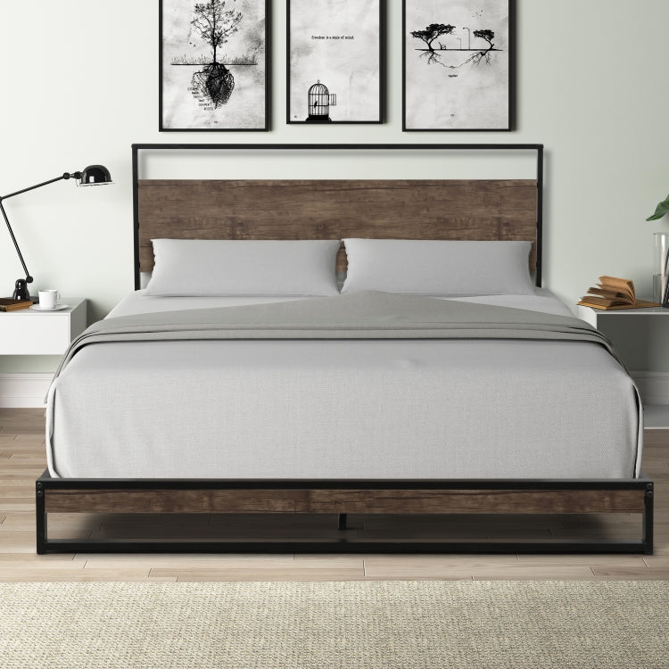 [EU Warehouse] Queen Metal Bed Frame with Wood Slats, Size: 207 x 153 x 94cm