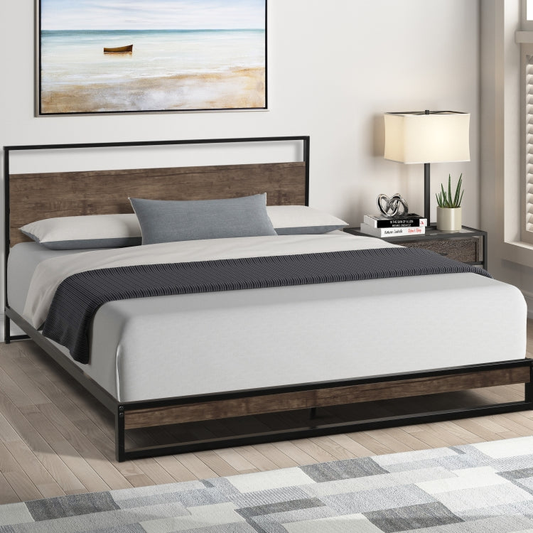 [EU Warehouse] Queen Metal Bed Frame with Wood Slats, Size: 207 x 153 x 94cm
