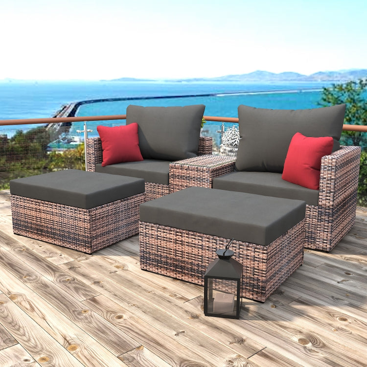 [US Warehouse] 5 in 1 Garden Patio Conversation Rattan Sofa Set (Brown)