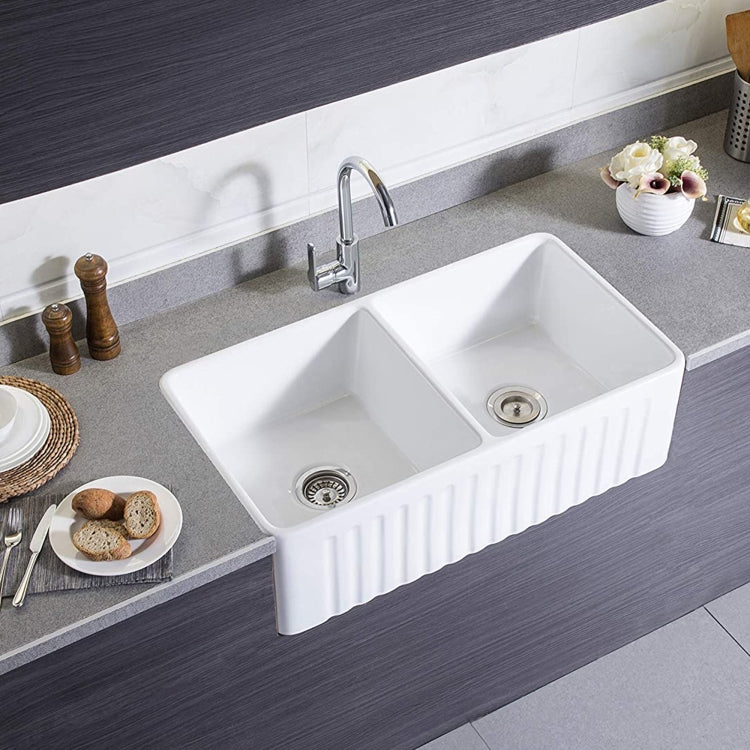 [US Warehouse] Kitchen Counter Square Double Bowls Wash Basin Ceramic Sink(White)